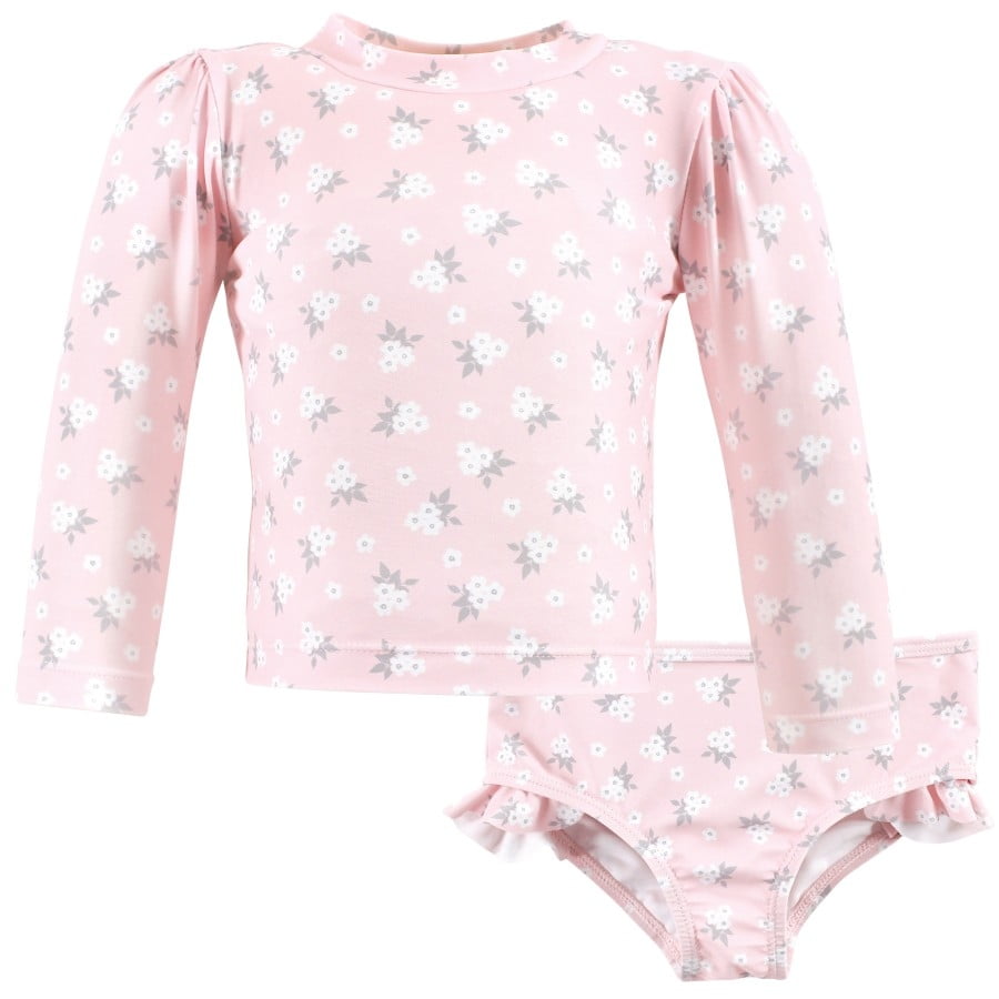 Hudson Baby Girls Swim Rashguard Set, Dainty Flower Pink, 3-6 Months