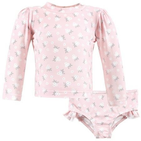 Hudson Baby Girls Swim Rashguard Set, Dainty Flower Pink, 3-6 Months