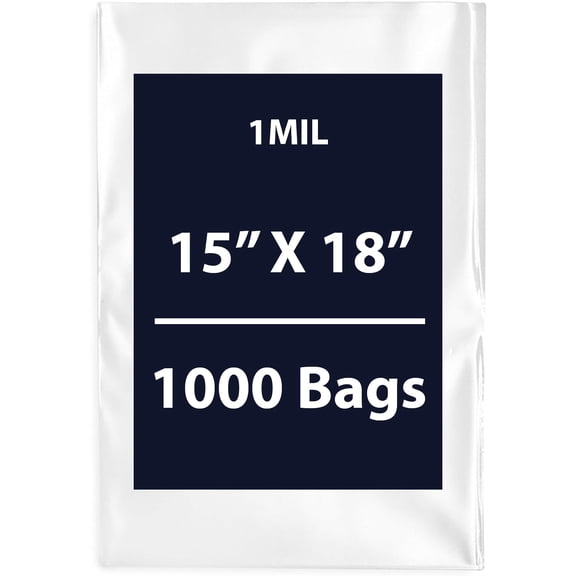 Clear Flat Poly Bags, 1Mil 15" X 18" & 1000 Bags | Low-Density Polyethylene (LDPE), Flat Open Top Plastic Packaging | Flexible and Durable Plastic Bag
