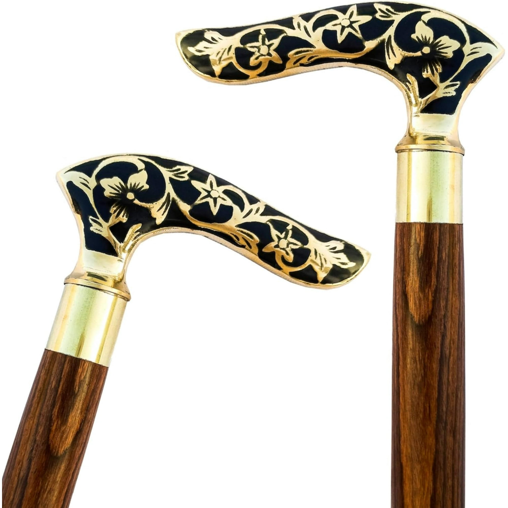 WAVE NAUTICAL Brass Walking Solid Vintage Designer Victorian Simple Wooden Cane Antique Style Folding Walking Stick 36" Inches with Brass Handle for Men and Women