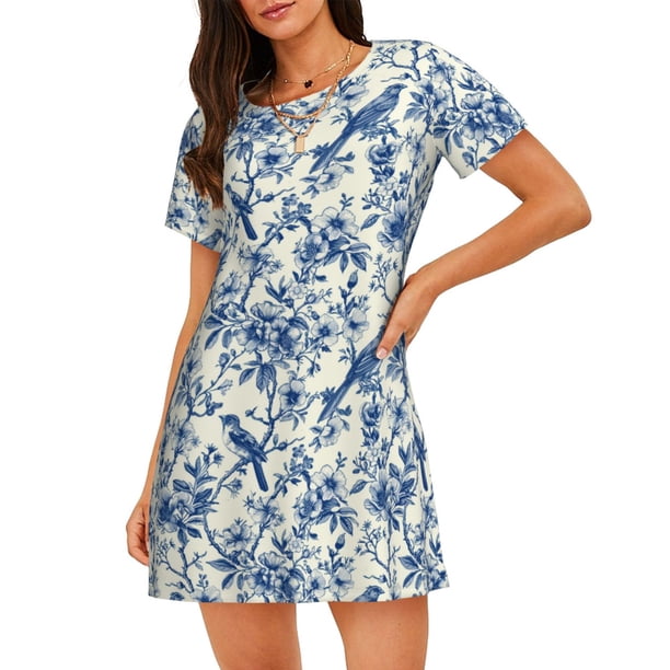 Balery Vintage Floral Birds Camisón de manga corta con cuello redondo para mujer, cómodo y elegante.