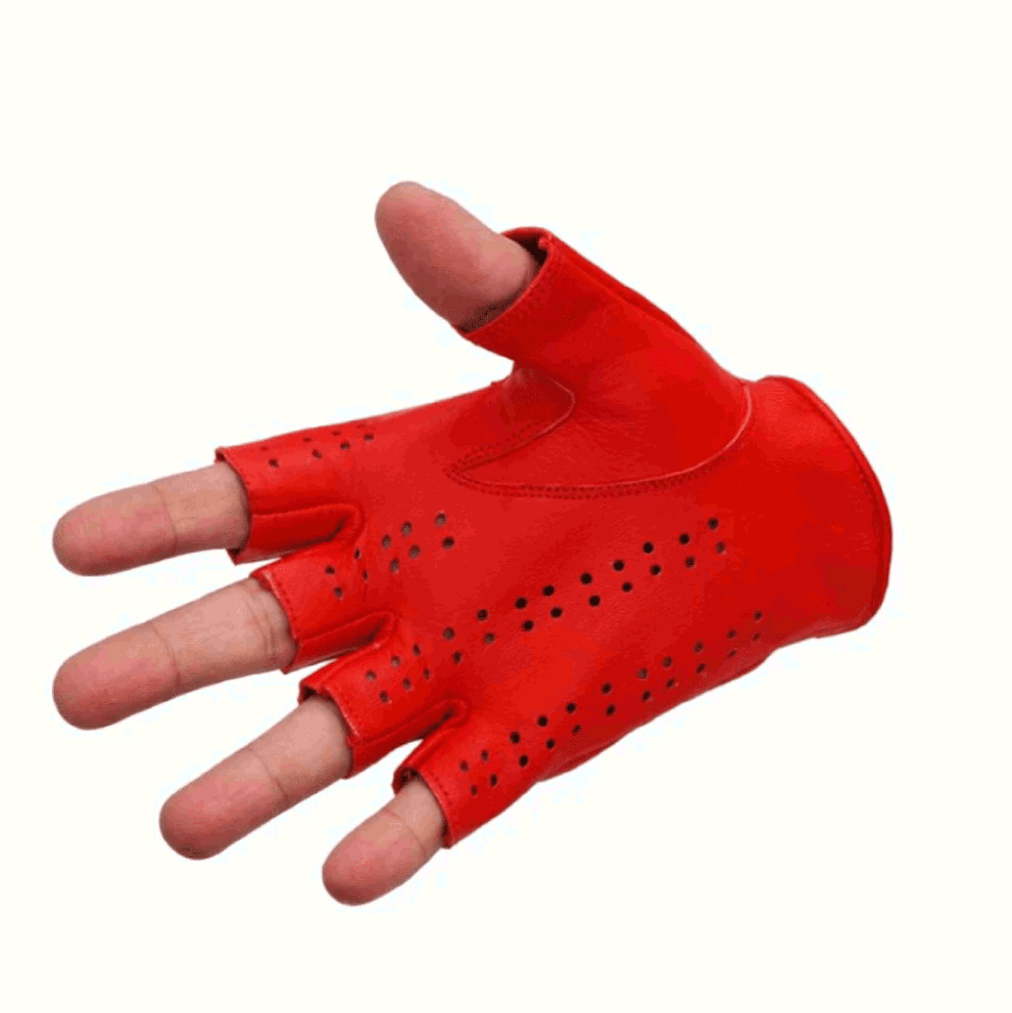 Driving Half Finger Finger less Knuckle Holes For Men Genuine Motorcycle Leather Gloves Red M