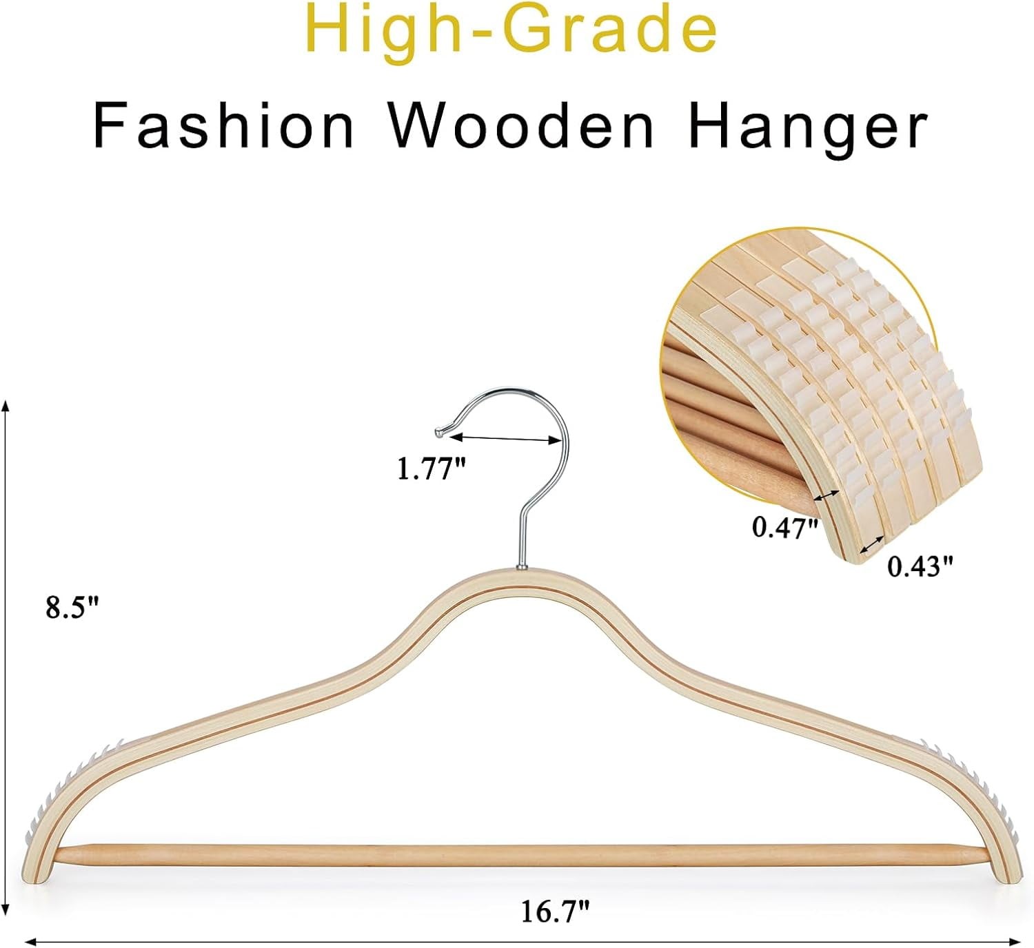 HANGER Sleek Wooden Hangers with Non-Slip Rubber Grips, Sweater Hangers No Shoulder Bump, Lightweight Clothes Hangers 30-Pack, 360 °   Swivel Hook and Pants Bar