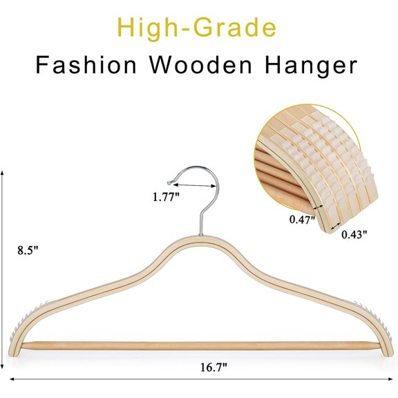 Sleek Wooden Hangers with Non-Slip Rubber Grips, Lightweight 30-Pack, 360° Swivel Hook and Pants