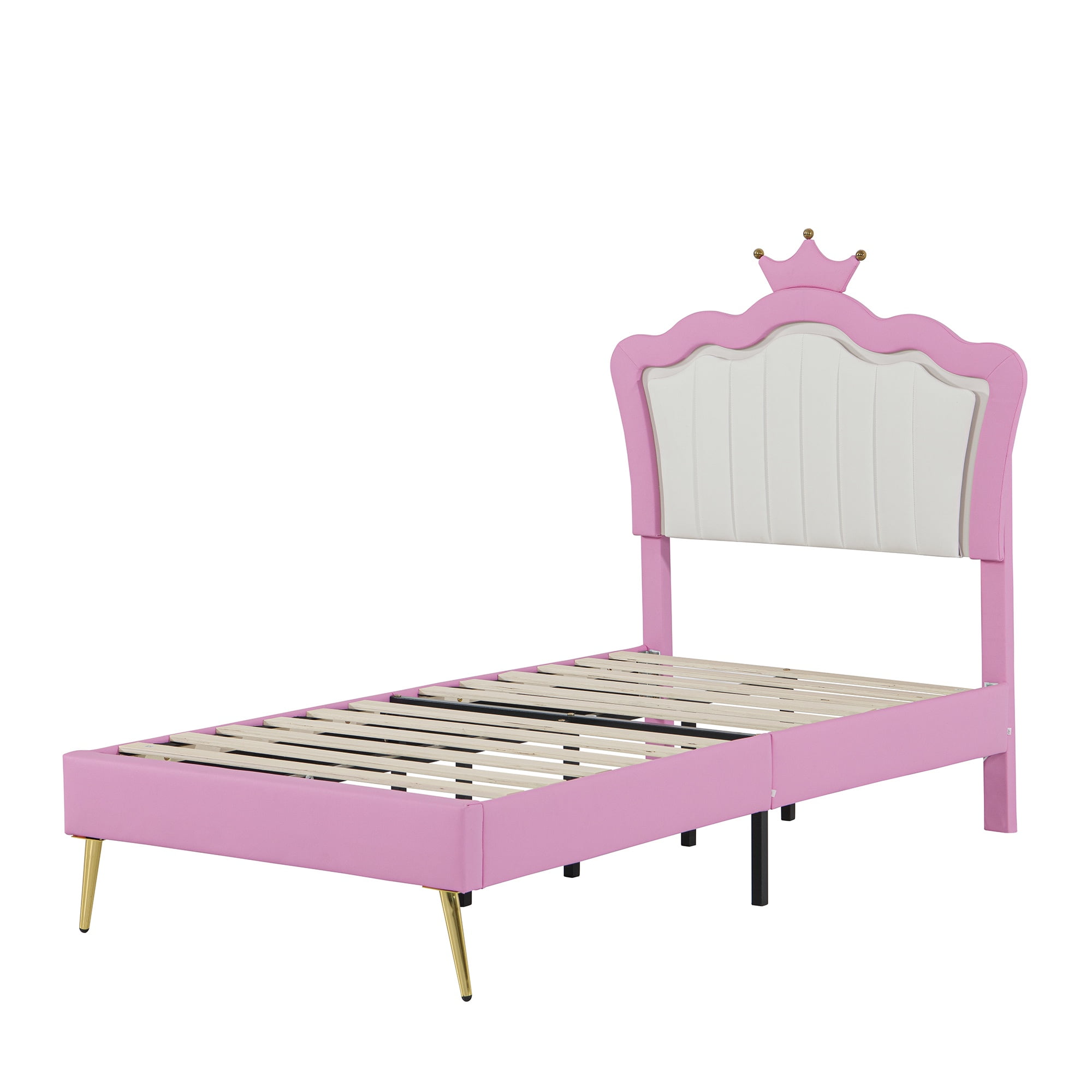 Bellemave Twin Size Upholstered LED Bed Frame, Princess Platform Bed with Crown Headboard, Pink Cute Girls Full Beds with Wooden Slats Support, No Box Spring Needed-Pink