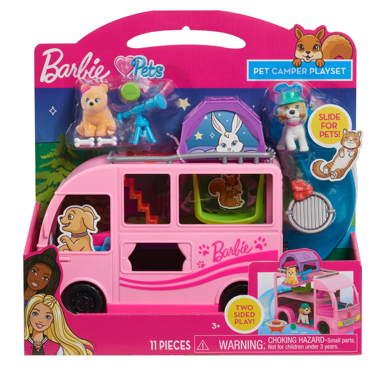 Barbie Pet Camper, 11-pieces, Toy Figures and Playset, Kids Toys for Ages 3 Up, Gifts and Presents -