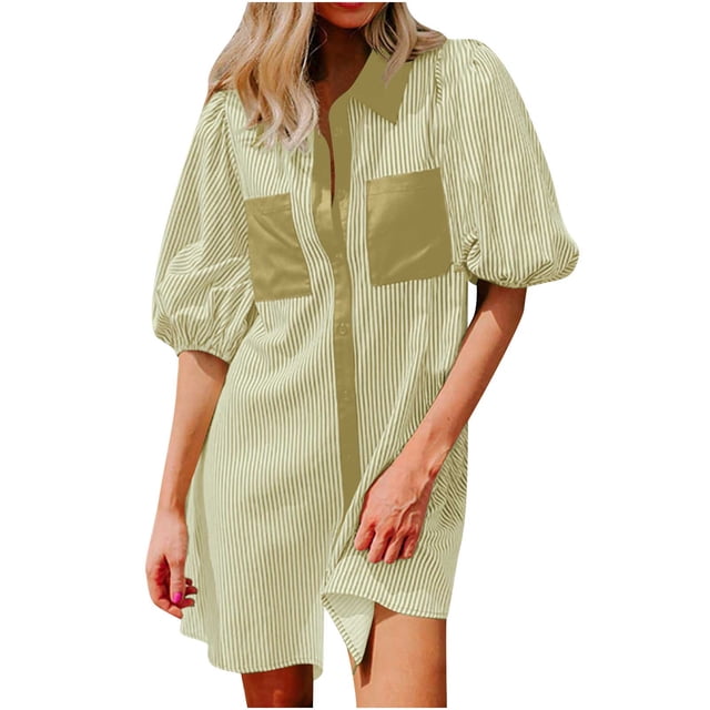 Camisas de Cuello en V de Manga Corta para Mujeres Vestido de Túnica de Rayas con Botón de Verano con Bolsillos, 95% Poliéster 5% Spandex para Diario Y Fiesta