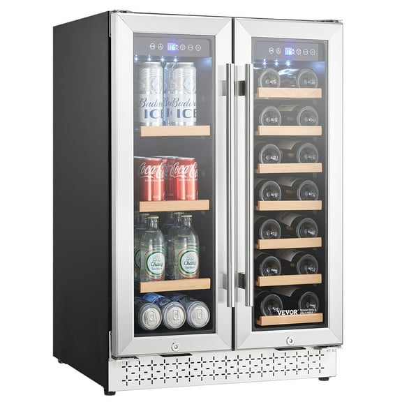 VEVOR Wine and Beverage Refrigerator, 24 in Dual Zone Wine Cooler, Built-in & Freestanding Fridge with Glass Doors, Adjustable Shelves, Digital Temperature Control, 64 Cans and 20 Bottles Capacity