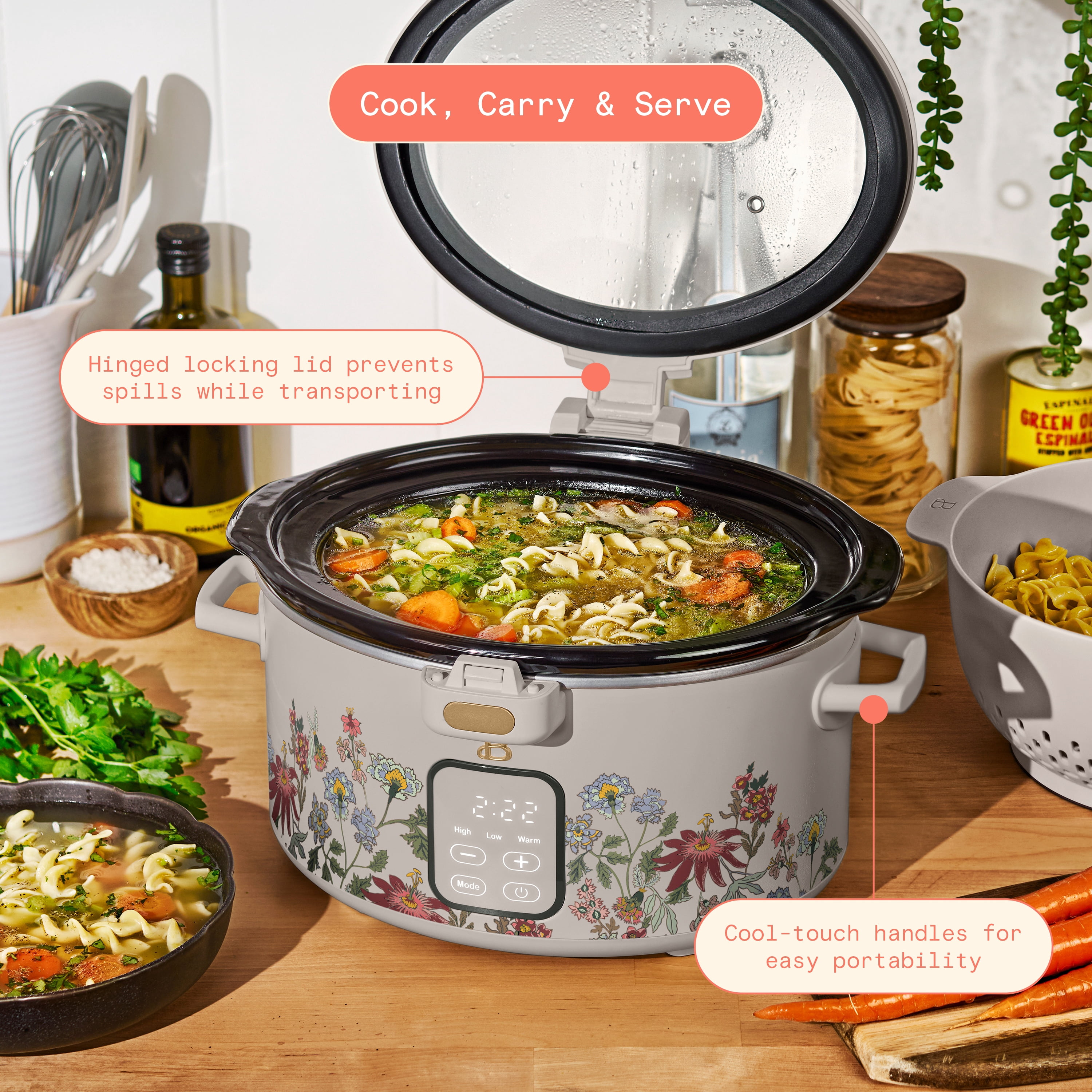 Beautiful 4 Qt Digital Slow Cooker with Hinged Locking Lid, Wildflower Porcini by Drew Barrymore