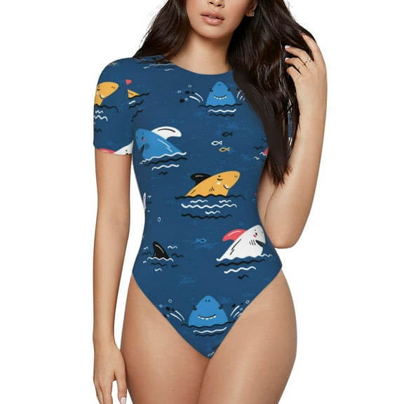Kdxio Colorful Ocean Shark for Women's Short-Sleeved Onesie Stylish Round Neck Pajamas Bodysuit Jumpsuit Nightwear-Small