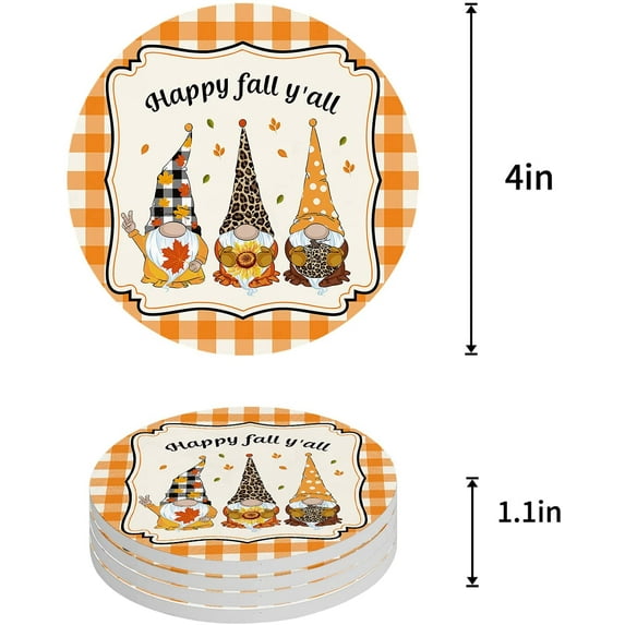 FMSHPON Gnome and Sunflowers Pumpkins Orange Plaid Texture Set of 8 Round Coaster for Drinks, Absorbent Ceramic Stone Coasters Cup Mat with Cork Base for Home Kitchen Room Coffee Table Bar Decor