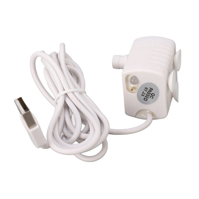 Cat Fountain Water Pump, USB-powered replacement pump for pet water fountains with adjustable DC brushless motor and quiet operation. Made of durable ABS material, featuring a 148.5cm power cord, low voltage compatibility, and universal fit for various fountain models. Includes a compact white pump with visible QC label.