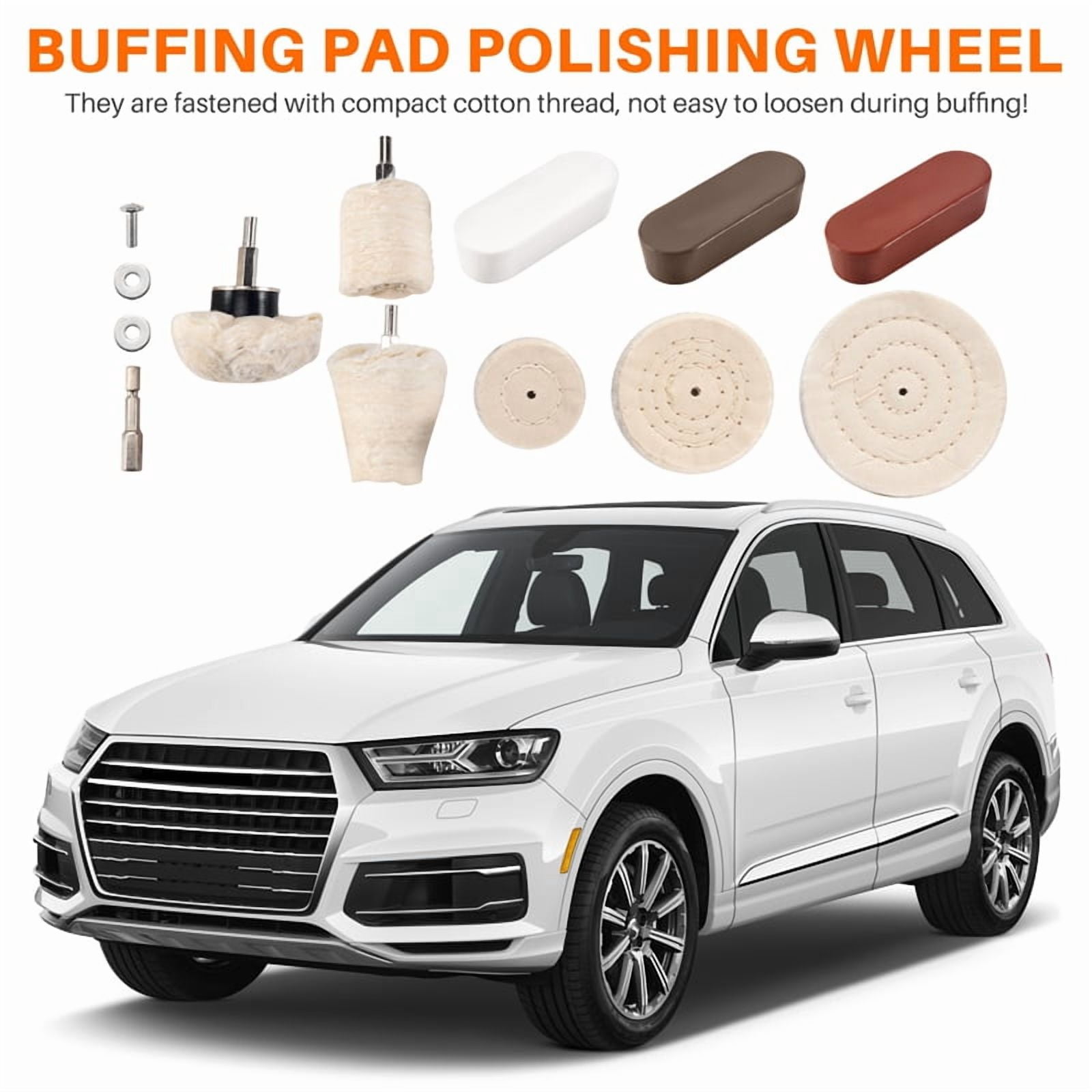 10 Pcs Buffing Pad Polishing Wheel Kits with 3Pcs Rouge Compound with 1/4 inch Handle, for Manifold, Aluminum, Stainless Steel, Chrome,white