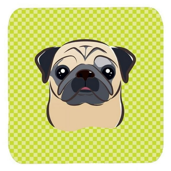 3.5 x 3.5 In. Checkerboard Lime Green Fawn Pug Foam Coasters, Set Of 4