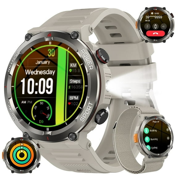 Blackview 1.45" Military Smart Watch for Men,100  Sport Modes/Call Receive/Dial/Flashlight/ Waterproof,Smartwatch fits for iPhone Android,Khaki