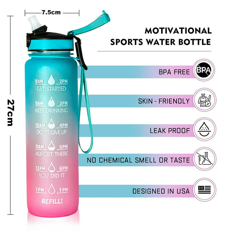 1L Water Bottle with Straw & Time Markings, Sports Water Bottle Leakproof  BPA Train Drinking Bottle for Gym Sport Outdoors