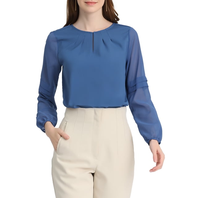 BLUSA DE CHIFFON PARA MUJERES INSPIRE CHIC CON ESCOTE EN FORMA DE LLAVE Y MANGAS DE PARCHES, TOP ELEGANTE PARA TRABAJO EN AZUL PROFUNDO