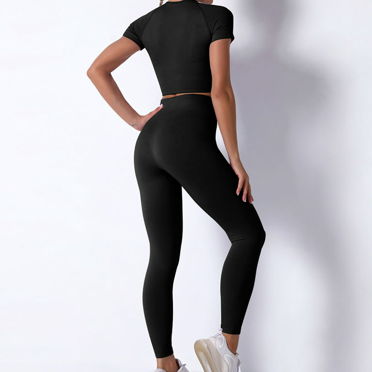 RQYYD Women's Workout Outfit 2 Pieces Seamless High Waist Yoga Leggings  with Long Sleeve Crewneck Crop Top Gym Clothes Set Black S