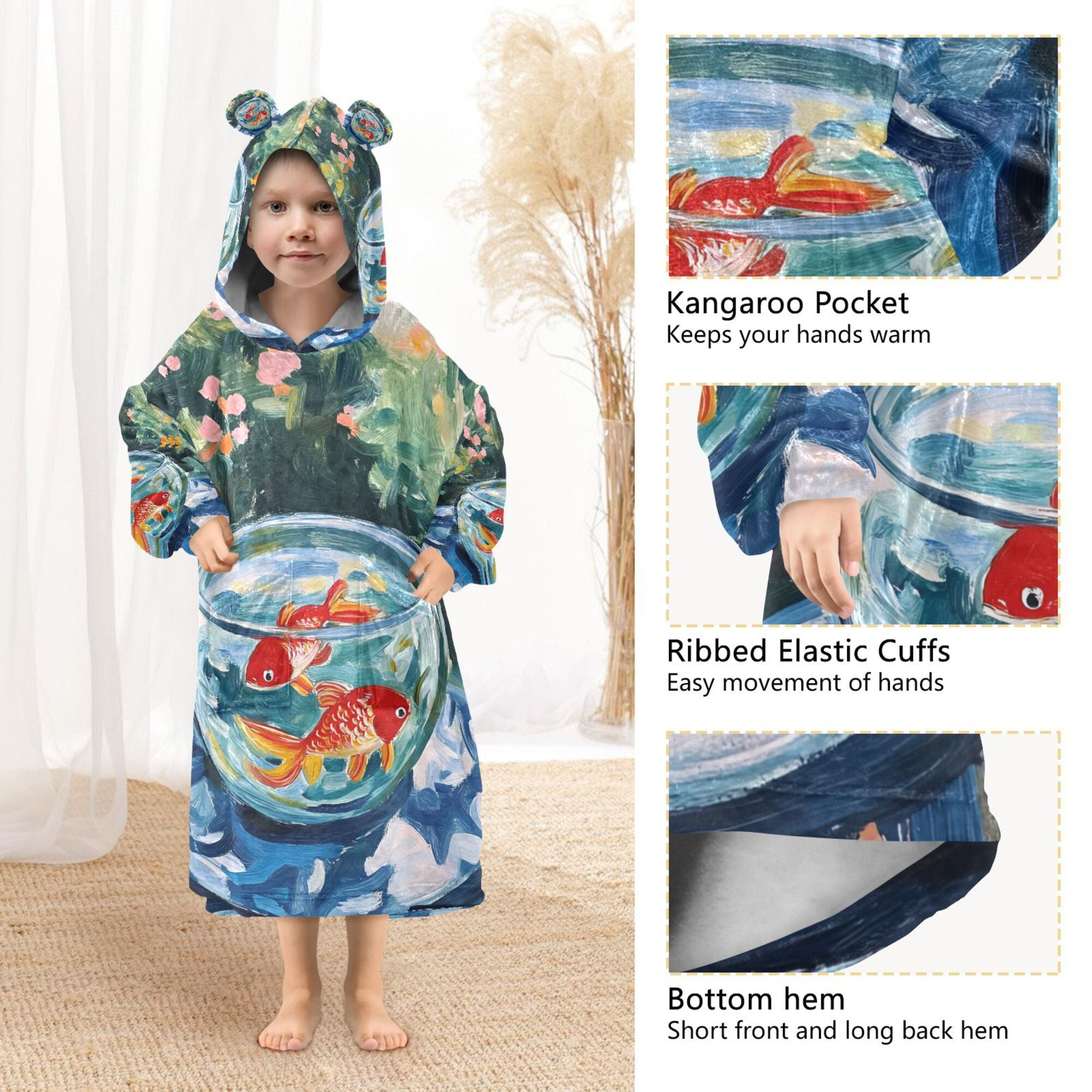 FORMRS Wearable Blanket Hoodie with Sleeves for Kids Cozy Flannel Sweatshirt, Red Goldfish