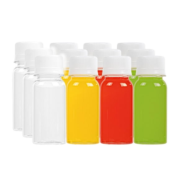 Bottle Tek 2 Ounce Mini Shot Bottles, 100 Disposable Empty Shot Bottles - With Caps, Stylish Round Design, Clear Plastic 2 Ounce Bottles, For Juices, Shots, Essential Oils - Restaurantware