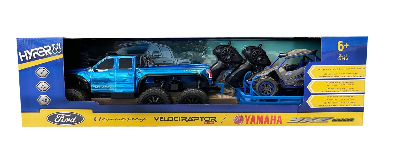 Combinaison de camion Ford Velociraptor téléguidé à échelle 1:10 avec véhicule côte à côte Yamaha YXZ à échelle 1:18, 2 télécommandes comprises