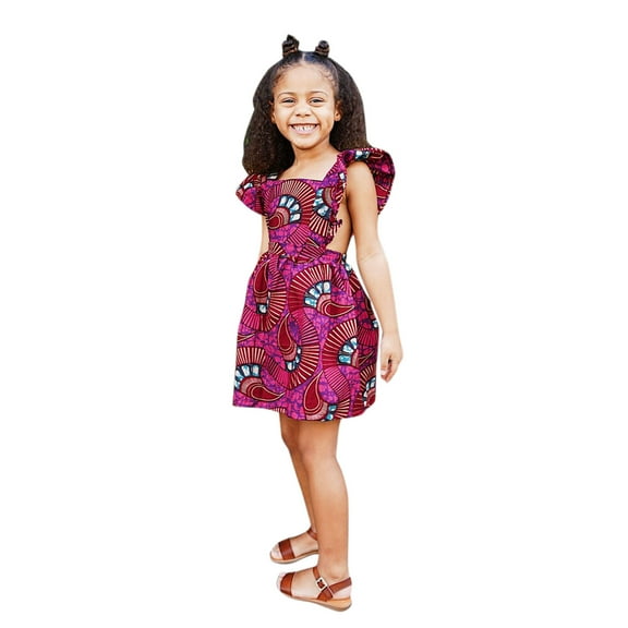 2022 New Baby Girls Dress Toddler Girls African Traditional Style Fly Sleeve Backless Dress Kids Ankara Princess Dresses 1-6Y Spring Clothing
