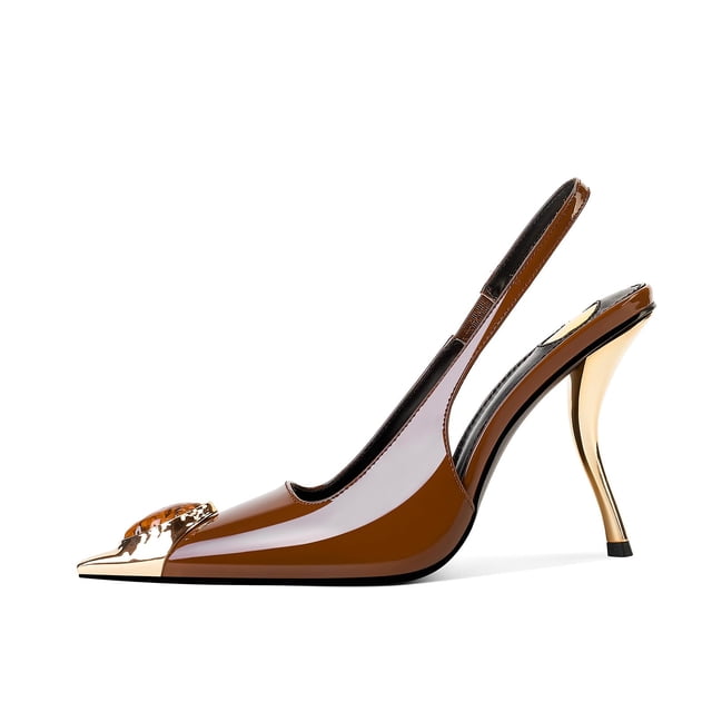 Sandalias de tacón USRUNOE Slingback con diamantes de imitación para mujer, color marrón
