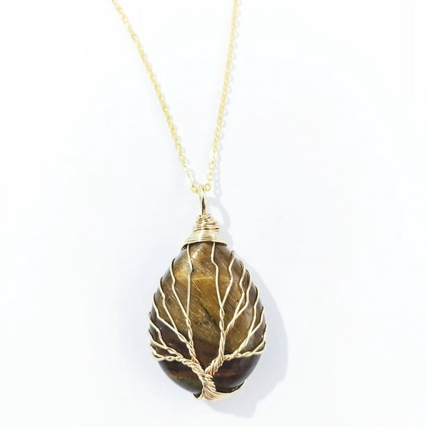 Zhuge Collar con colgante de árbol de la vida, adornos de collar para hombres y mujeres hechos a mano, collar con colgante de gota de agua de árbol de la vida envuelto en oro (marrón)