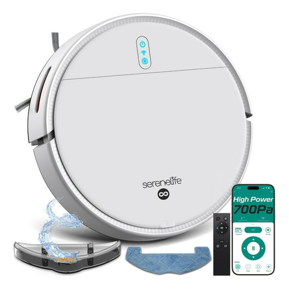 Robot Aspiradora y Trapeador Inteligente SereneLife, Control por App, Sensores Anticaída, Autocargable, 3 Modos de Limpieza, Succión de 700Pa, Ideal para Pelo de Mascotas, Alfombras y Pisos Duros