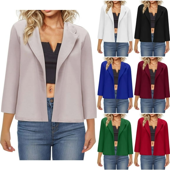 jtjvou Women 3/4 Sleeve Blazer Open Front Cropped Blazer Jacket Business Casual Lightweight Suit Womens Fall Clothes Black L