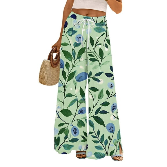 Mlqidk Wide Leg Pants Women Casual Loose Fit High Waisted Pant Elastic Drawstring Wide-Leg Palazzo Pants Summer Boho Floral Print Trouser with Pockets Army Green 2XL