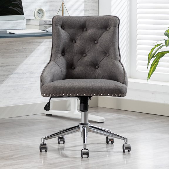 Velvet Vanity Chair, Modern Button-tufted Accent Chair, Height Adjustable Swivel Office Chair, Comfort Upholstered Chair with Soft Back, for Living Room, Bedroom, Study, Office, Gray, D5793