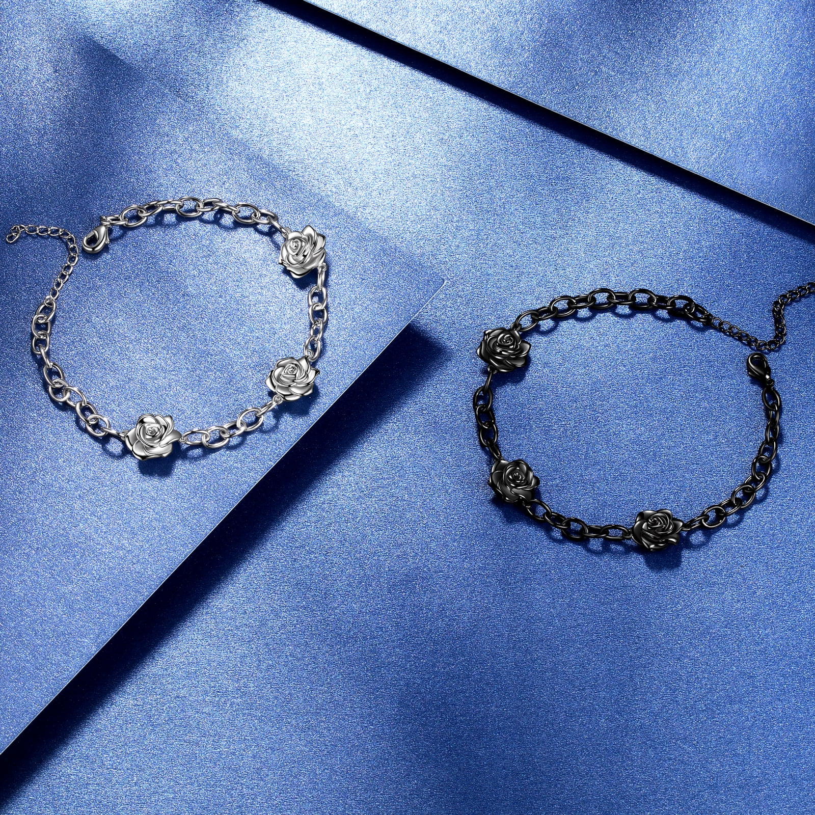 ★rosemont★ Silver Black Bead Bracelet La Vie En Rose RA24D Rose Bracelet 3D Vivid Black Rose Flower Link Chain