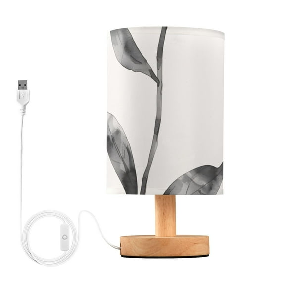 Red Flower Black Leaves Table Lamp USB Bedside Desk Nightstand Lamp Printed Gifts Small Lamp Wood Base for Bedroom Living Room Kids Room College Dorm