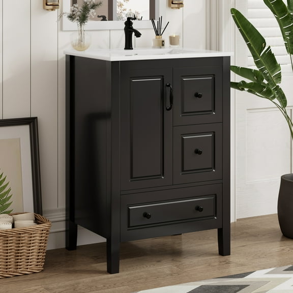 Harper & Bright Designs 24" Small Bathroom Vanity Sink Combo, Bathroom storage Cabinet with Drawers, Single Sink Bathroom Vanity with Soft-closing Door, Black