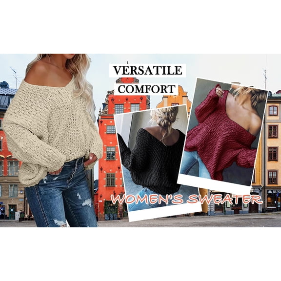 Women's Off The Shoulder Hollow Knit Pullover Sweater, Loose Lightweight Soft Breathable V Neck Long Sleeve Solid Color Top for All Seasons Casual Wear, Layering Comfort and Versatile Styling Beige L