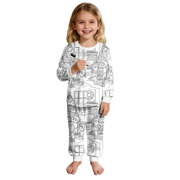 Bainana Unisex Christmas Diy Pajamas For Kids Cartoon Print Long Sleeve T-Shirt Pants Nightwear Boys And Girls Comfort Fit Outfit Set, Size 3-4 Years