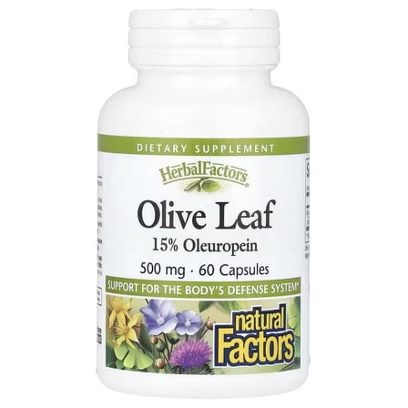 Natural Factors HerbalFactors, Olive Leaf 500 mg, 15% Oleuropein, Natural, 60 Capsules