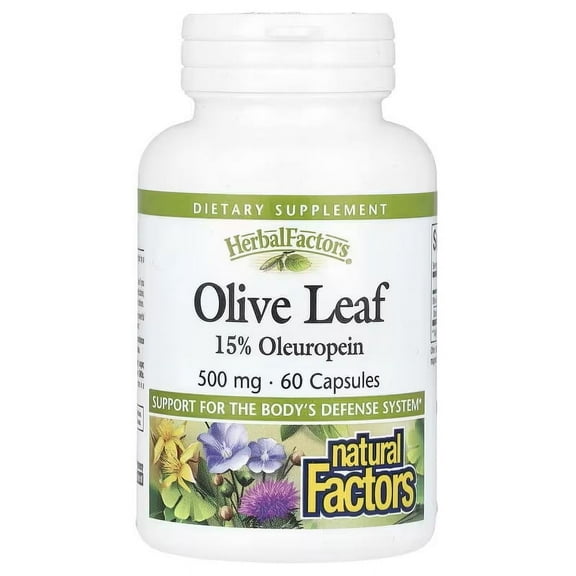 Natural Factors HerbalFactors, Olive Leaf 500 mg, 15% Oleuropein, Natural, 60 Capsules