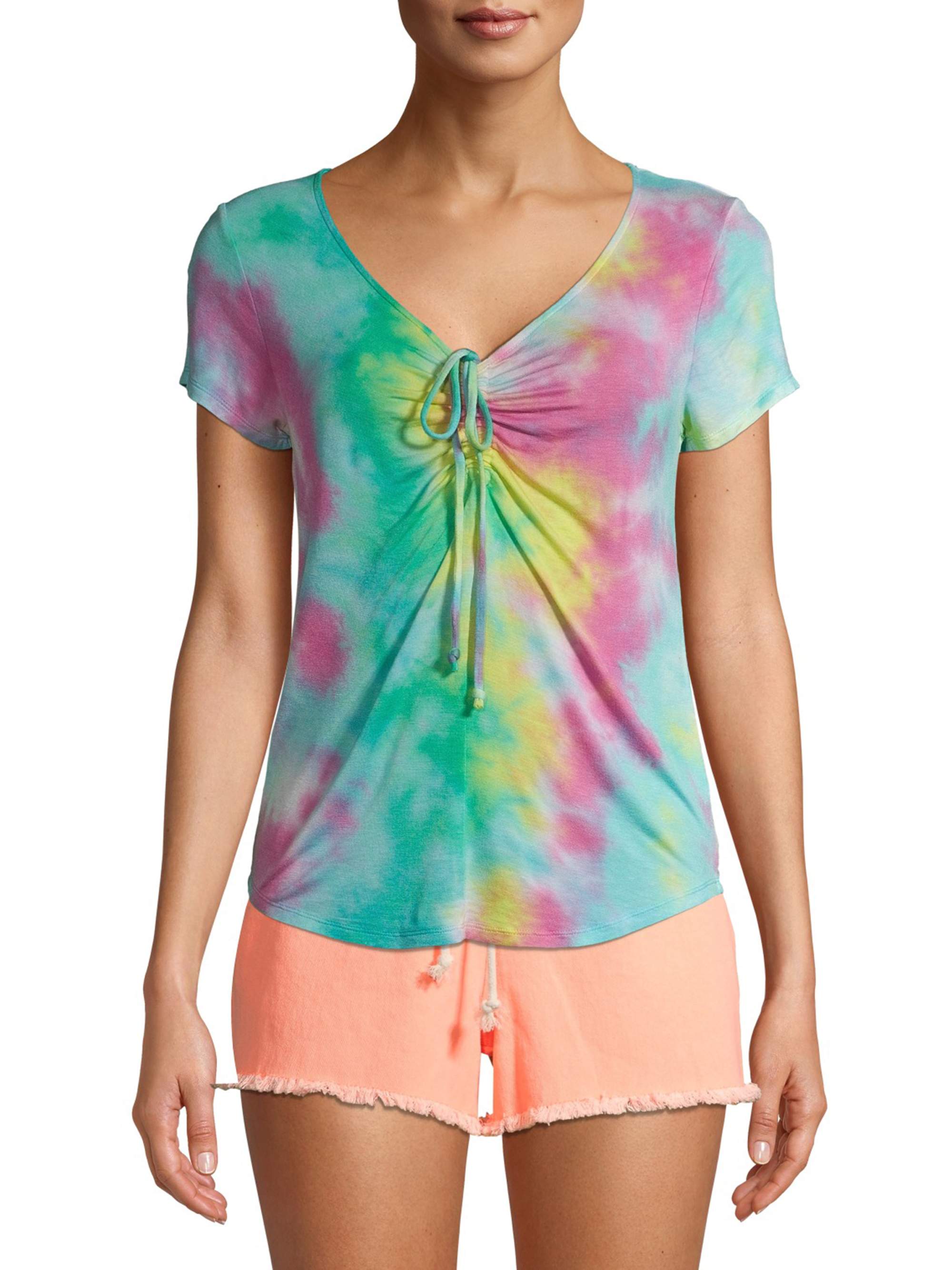 No Boundaries No Boundaries Juniors' Ruched VNeck Tie Dye TShirt