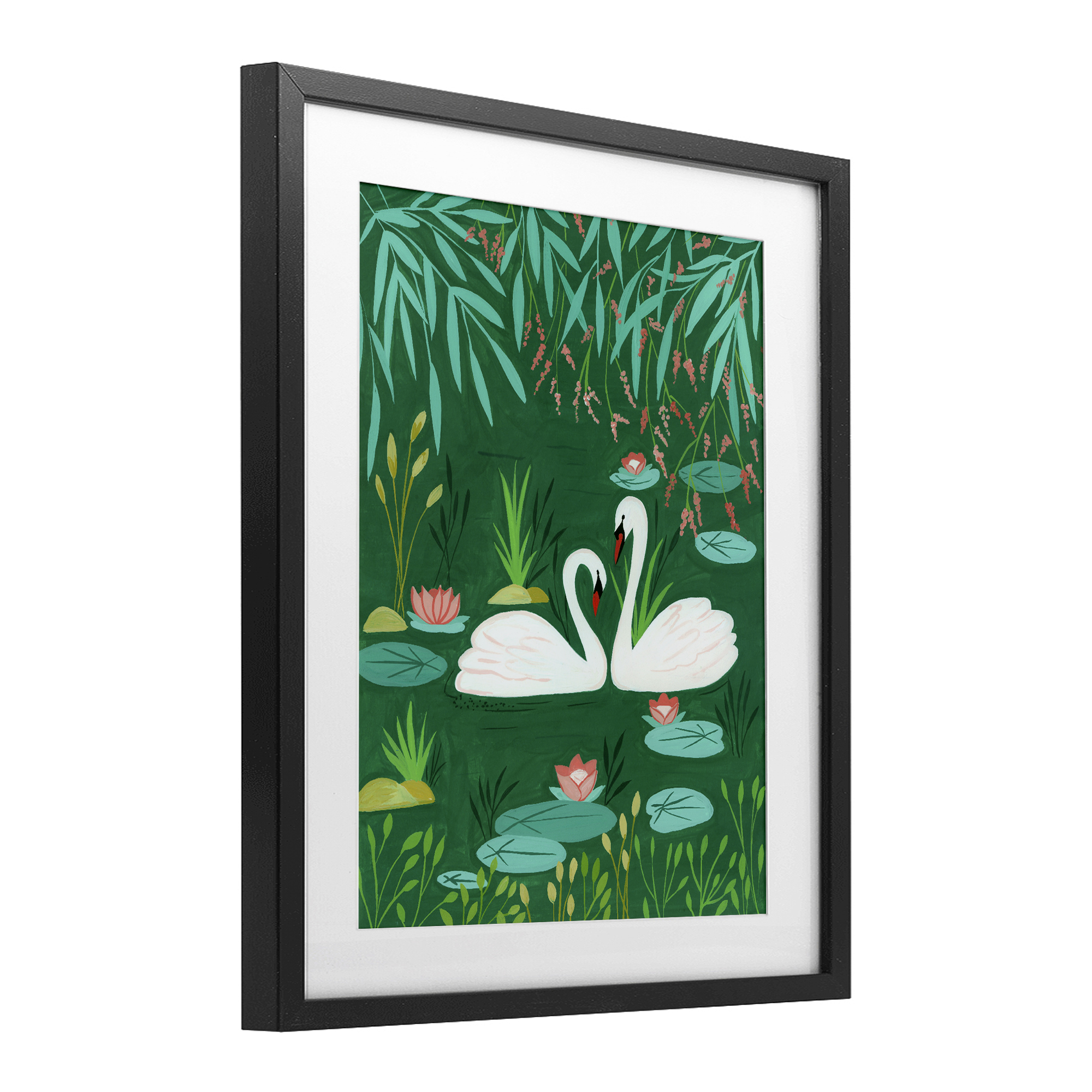 Swan Pair on Green Pond Black Framed Print Under Glass, design by Nabeela Rumi