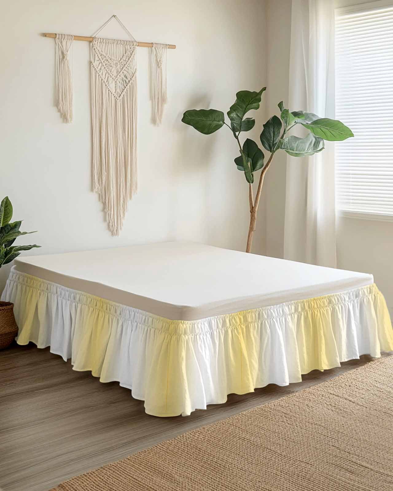 Ombre Ruffle Bed Skirt Queen Size Lemon Yellow and White Gradient Adjustable Elastic Dust Bed Skirts Wrap Around Bedskirt Wrinkle Free Easy Fit with 16 Inch Drop