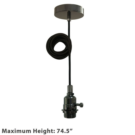 Royal Designs Vintage-Style Gun Metal Gray Keyless Uno Threaded Dimmable Pendant Light Socket and Canopy with Black Rayon Fabric Cord