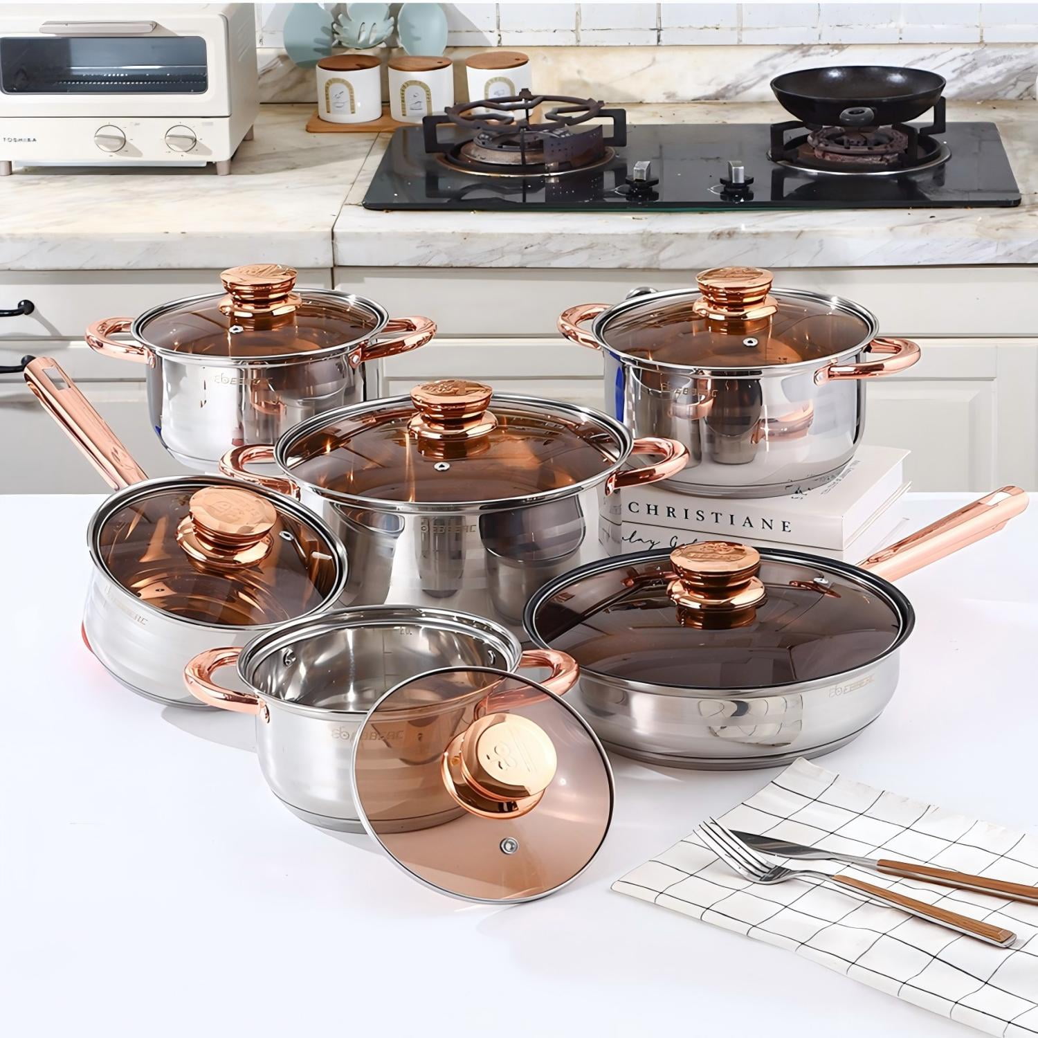 Behome 12Pcs Stainless Steel Cookware Set, Pots and Pans Set with Ergonomic Handles, Compatible with Induction, Electric, Gas Cooktops, Dishwasher Safe