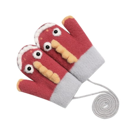 

YWDJ Kids Gloves Winter Outdoor Windproof Plus Velvet Layer Warm Lock Temperature Cute Dinosaur Kid Gloves Red 均码