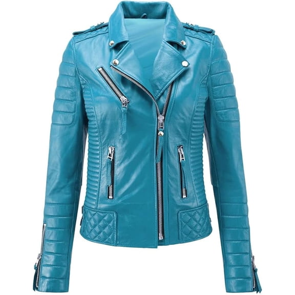 Women's Genuine Lambskin Blue Quilted Leather Jacket Motorcycle Slim Fit Biker Jacket W185
