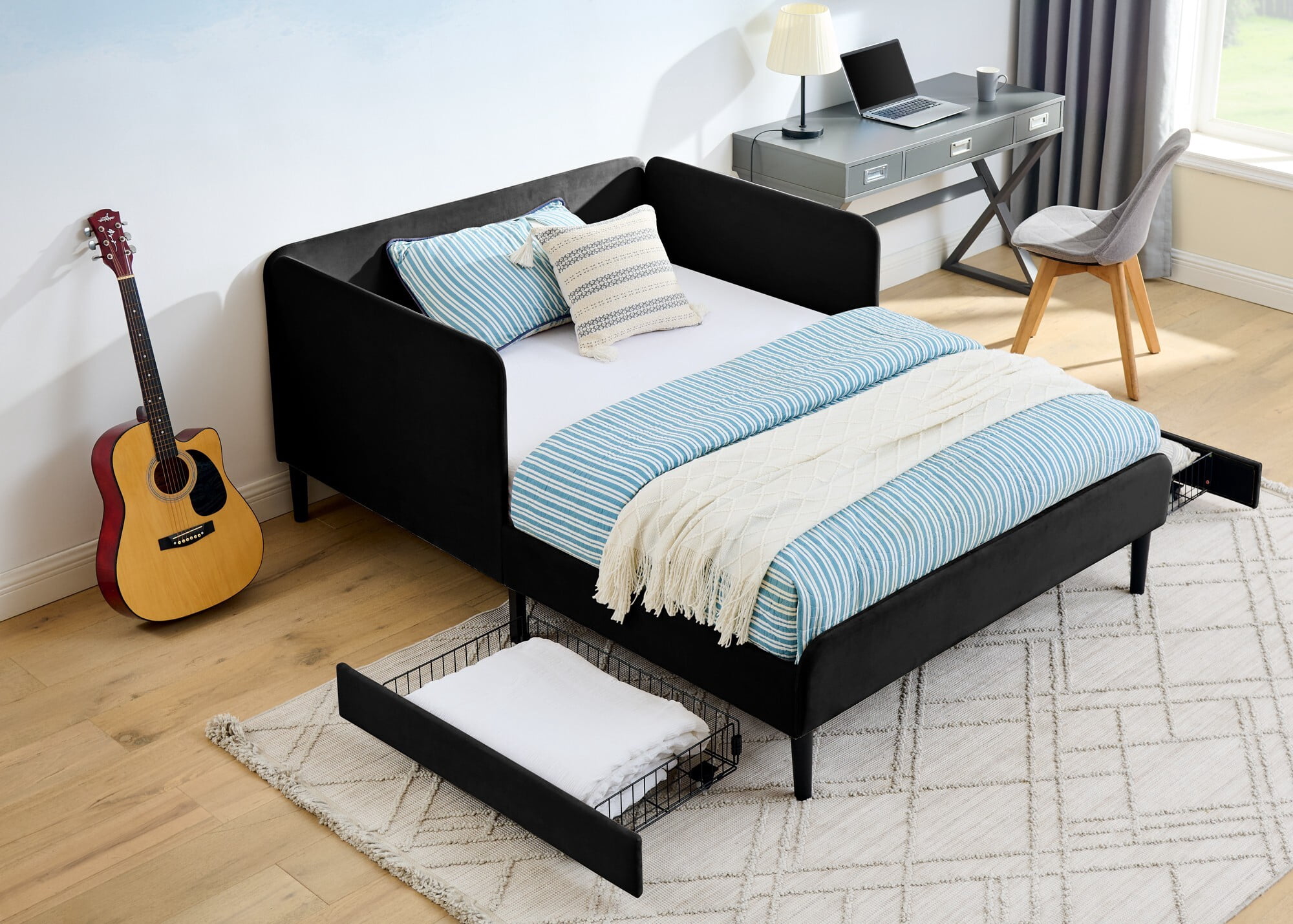 AENKYO Full Size Upholstered Daybed with Adjustable Backrest, Velvet Sofa Bed Frame with 2 Storage Drawers, Black