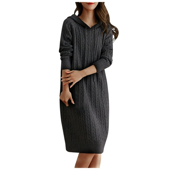 Quinlirra Sweater Dress for Women Trendy Women's Sexy Pullover Thick Hooded Loose Sweater Women's Knitted Dress Black Free Size
