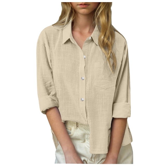 Girls Linen Cotton Button Down Tops Shirts Kids Solid Collared Long Sleeve Casual Blouses Split Hem Shirt