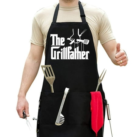 Funny Aprons For Men - Adjustable Large 1 Size Fits All - Poly/Cotton Apron With 2 Pockets - Bbq Gift Apron For Dad Father Husband Chef (Grillfather)